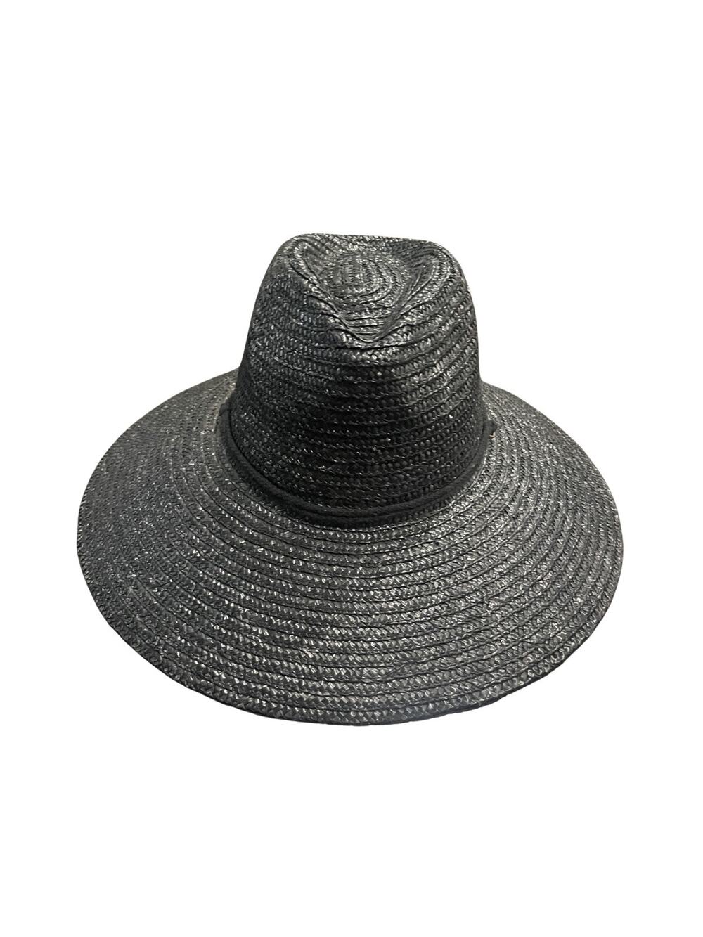 Peter Grimm Black Woven Straw Wide Brim Sun Hat Drawstring Outdoor Beach NWT